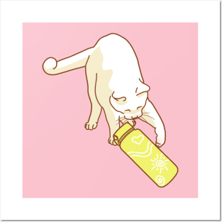 White cat knocking yellow water bottle Posters and Art